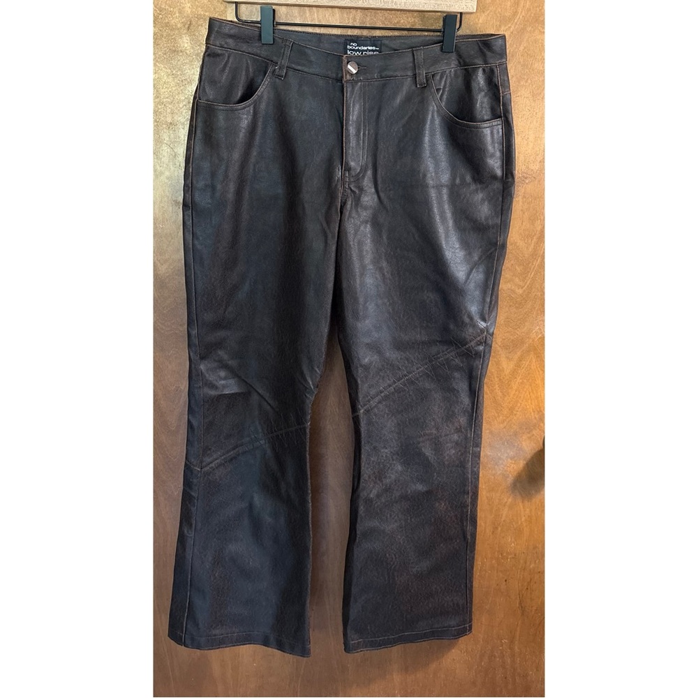 VINTAGE Chocolate Brown Patchwork Low Rise Faux Leather Flare Pants Y2K Goth 90s